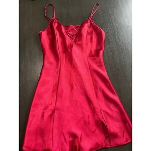 La Senza Red Satin Lace Up Chemise Nightgown Mini Slip Dress Bows Slit Small‎